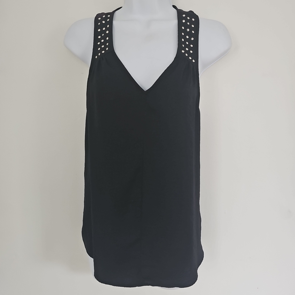 Rock & Republic Black Studded Racerback Tank Top Medium Stretch V-neck PolyRayon